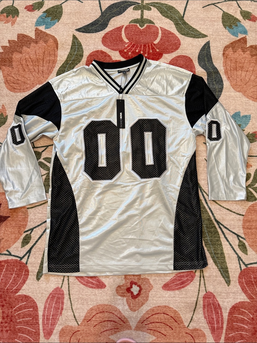 Fashion Nova Silver and Black Football Jersey Top